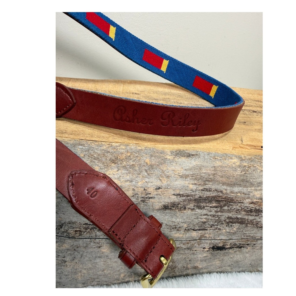 Asher Riley Mens Needlepoint Belt 40 Blue Leather Shotgun Shells Brass Buckle - Picture 2 of 7